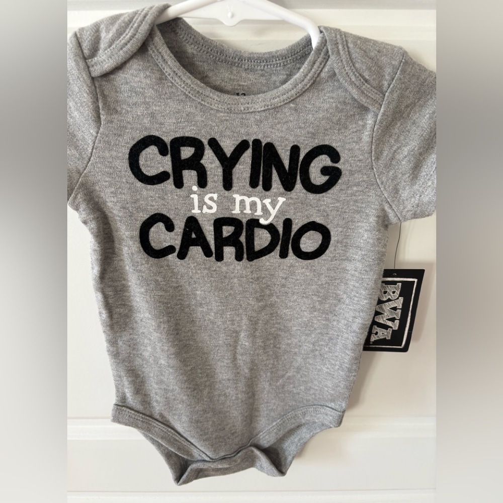 NWT “Crying is my Cardio” Grey Bodysuit Size 12M